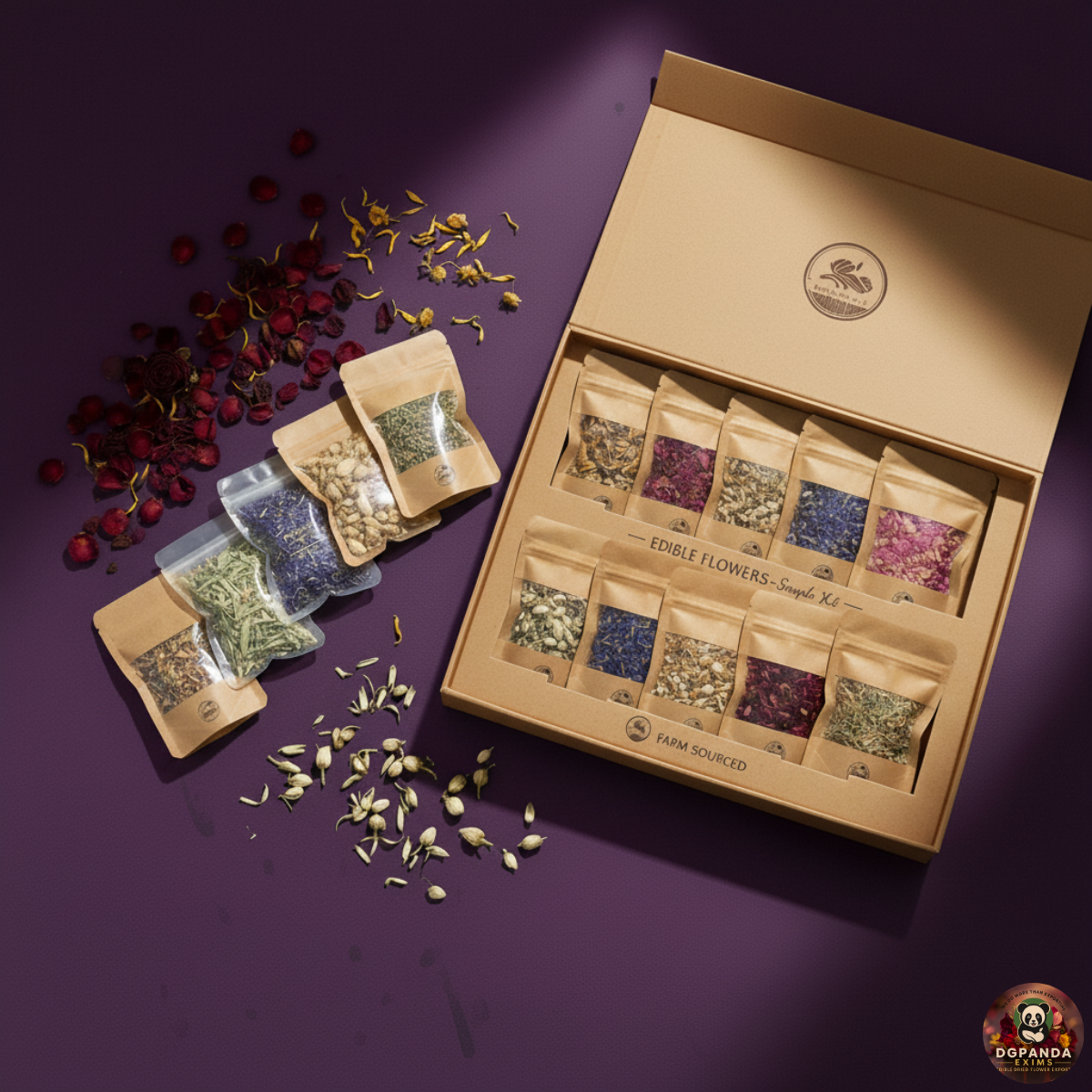 An elegantly arranged sample kit of 8 dried botanicals in pouches.